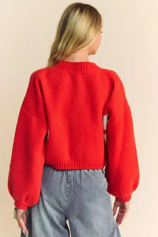 Davi & Dani Flower Contrast Round Neck Long Sleeve Cardigan - Love Salve